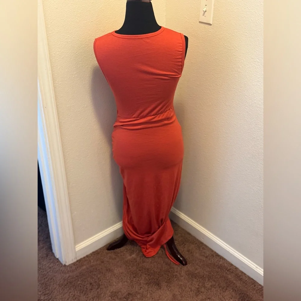 2 FOR $25 Orange Cut Out Knot Front Ruched Midi Dress Stretchy Size S M - Picture 4 of 8